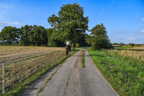 Eine Frau reitet auf einem Pferd eine Feldstraße entlang