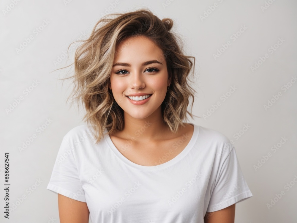 Casual Elegance: Young Happy Woman in White T-Shirt and Jeans Casual Elegance: Young Happy Woman in White T-Shirt and Jeans