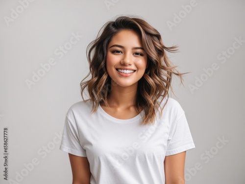 Casual Elegance: Young Happy Woman in White T-Shirt and Jeans