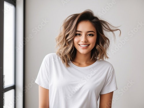 Casual Elegance  Young Happy Woman in White T-Shirt and Jeans
