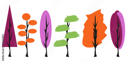 Set cartoon colorful Autumn tree isolated on transparent background. Forest element collection on white. Vector illustration. Maple, larch, oak, poplar tree