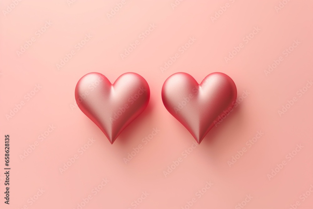 Two heart shapes forming a couple, placed on a pink background with shadows on the left and right sides of the hearts. Generative AI