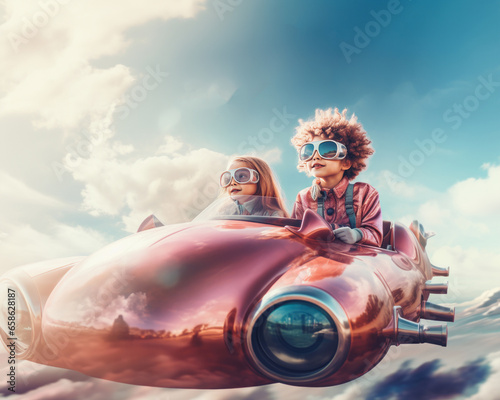 Young boy and girl in a crazy cyber futuristic car ride in the air. Passing through clouds on summer sunny days. A fast and powerful super new generation of auto.