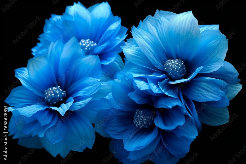Three unique and vivid blue flowers in close-up, separated from the background. Ideal for anniversary, wedding, mothers and womens day designs. Generative AI