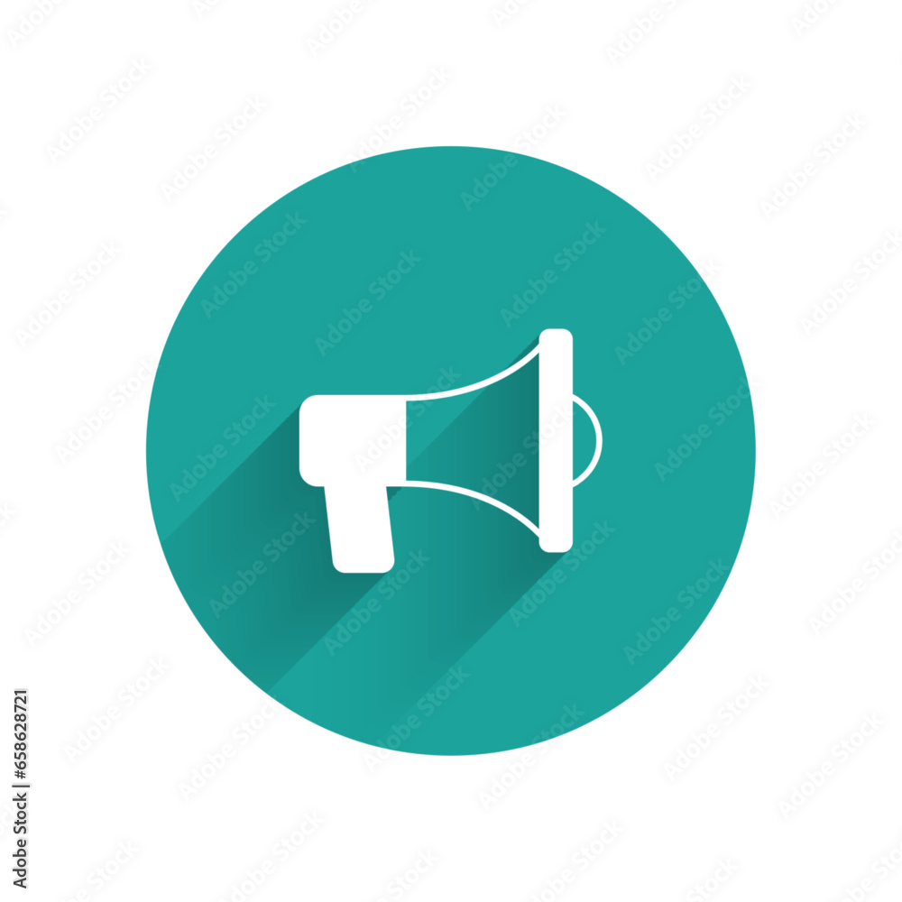 White Megaphone icon isolated with long shadow. Speaker sign. Green circle button. Vector White Megaphone icon isolated with long shadow. Speaker sign. Green circle button. Vector