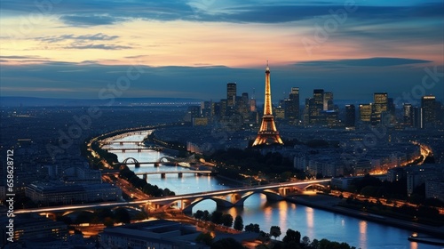 Aerial view of Paris city at dusk with glowing landmarks