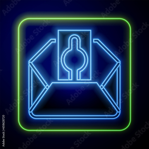 Glowing neon Donate or pay your zakat as muslim obligatory icon isolated on blue background. Muslim charity or alms in ramadan kareem before eid al-fir. Vector