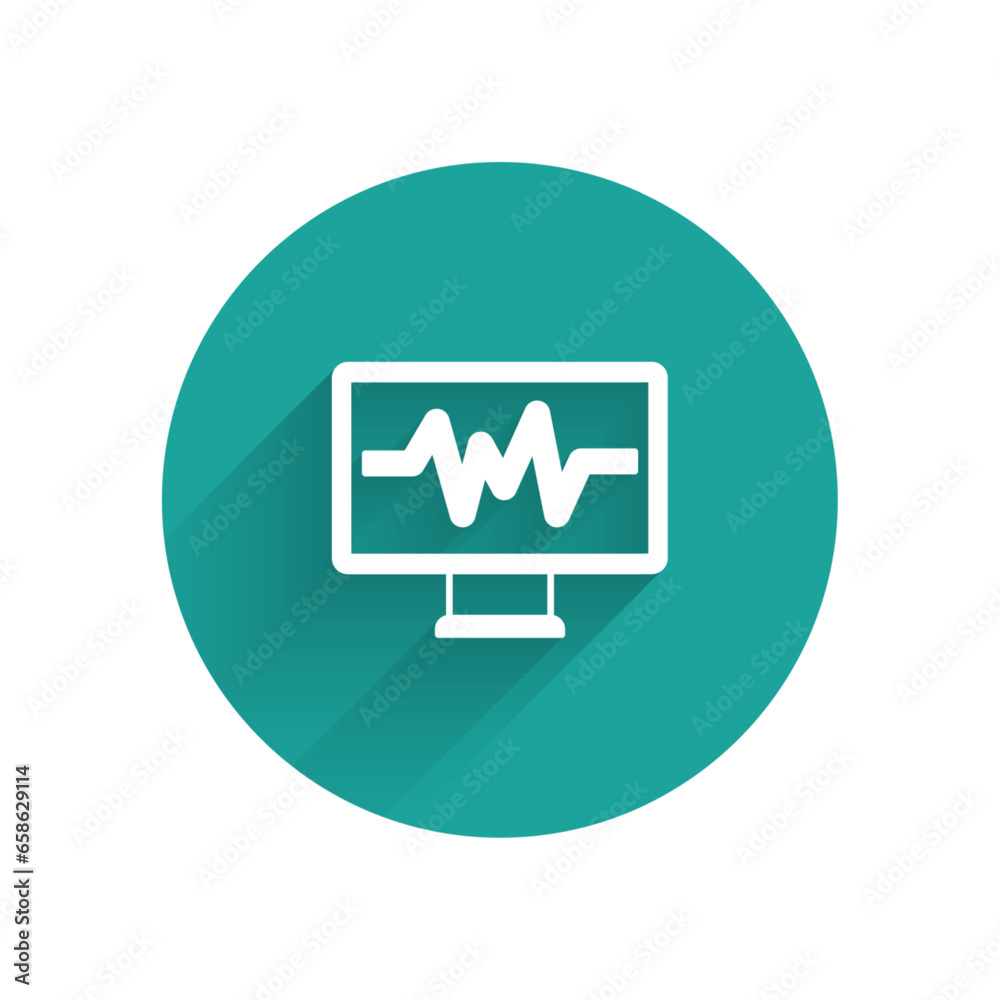 White Computer monitor with cardiogram icon isolated with long shadow background. Monitoring icon. ECG monitor with heart beat hand drawn. Green circle button. Vector White Computer monitor with cardiogram icon isolated with long shadow background. Monitoring icon. ECG monitor with heart beat hand drawn. Green circle button. Vector