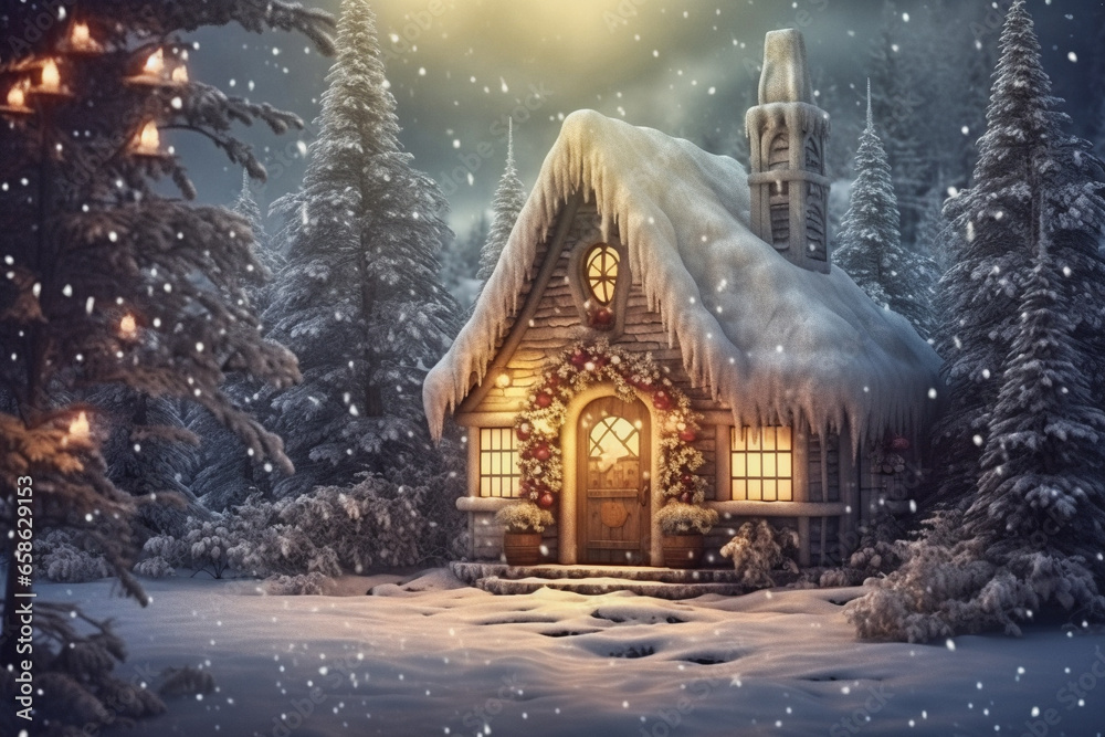 A small fairy tale cottage in a winter snow covered forest, Christmas background with woodland house made by gnomes and trolls - obrazy, fototapety, plakaty 