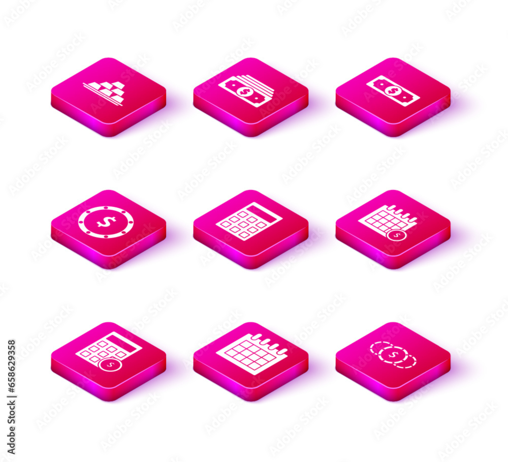 Set Calculator with dollar symbol, Calendar, Coin money, Financial calendar, Stacks paper cash and icon. Vector Set Calculator with dollar symbol, Calendar, Coin money, Financial calendar, Stacks paper cash and icon. Vector
