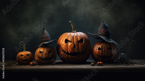 Halloween pumpkins with candles on wooden background, close-up