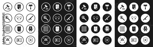 Set Judge gavel, Handcuffs, Magnifying glass for search, Police rubber baton, Certificate template, Oath the Holy Bible and Prison window icon. Vector