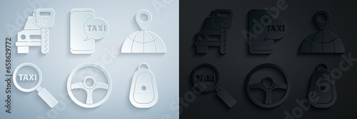 Set Steering wheel, Location on the globe, Magnifying glass and taxi car, Car key with remote, Taxi call telephone service and rental icon. Vector