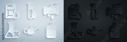 Set Canister for motor machine oil, Broken metal pipe with leaking water, Antifreeze test tube, Propane gas tank, Oil petrol and icon. Vector
