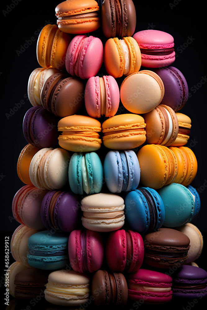 A Symphony of Flavors: Colorful Macarons in a Pile,stack of macaroons,stack of macarons,colorful macaroons on a wooden table