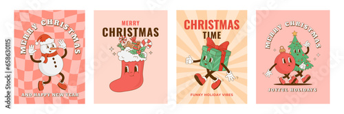 Set of retro cartoon Christmas characters posters. Funny snowman, Xmas stocking, Christmas tree, giftbox mascot. Vector illustration. New year decoration