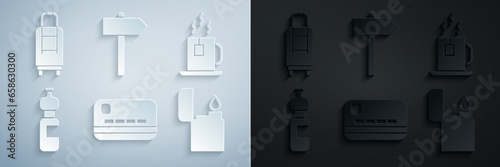 Set Credit card, Cup of tea with tea bag, Bottle water, Lighter, Road traffic signpost and Suitcase icon. Vector