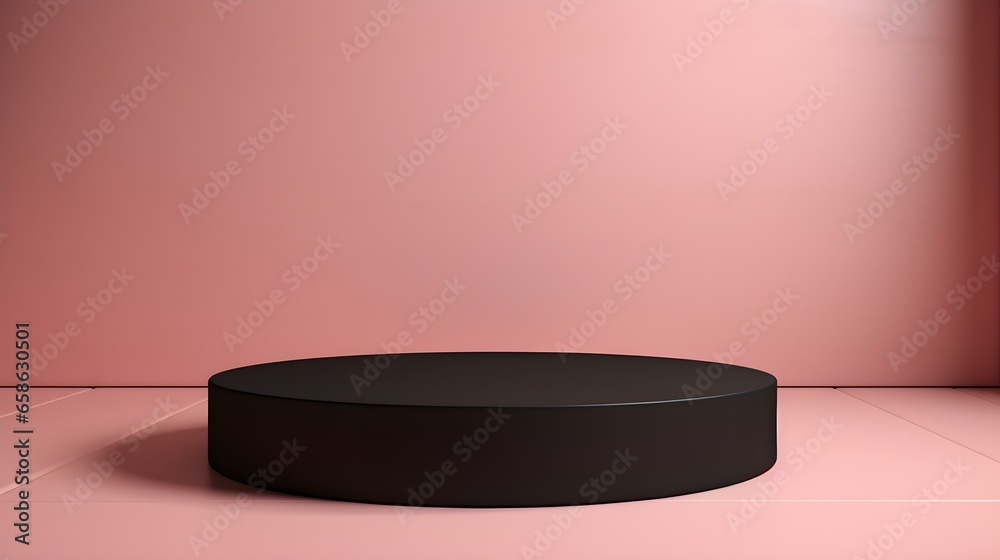 Round Stone Podium in front of a blush Studio Background. Black Pedestal for Product Presentation Round Stone Podium in front of a blush Studio Background. Black Pedestal for Product Presentation