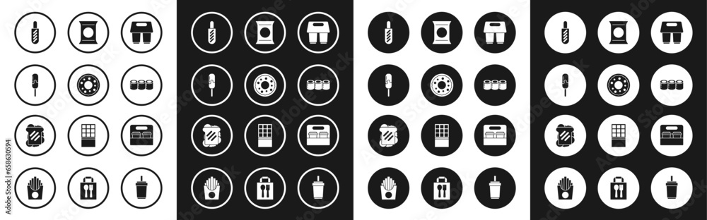 Set Coffee cup to go, Donut, Ice cream, Hotdog sandwich, Sushi, Bag or packet potato chips, and Sandwich icon. Vector Set Coffee cup to go, Donut, Ice cream, Hotdog sandwich, Sushi, Bag or packet potato chips, and Sandwich icon. Vector