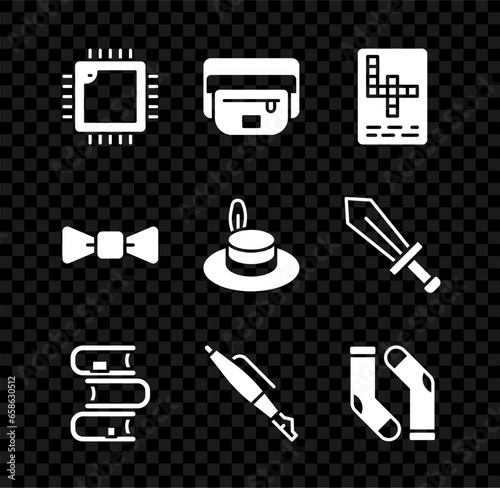 Set Processor with CPU, Waist bag of banana, Crossword, Book, Fountain pen nib, Socks, Bow tie and Man hat icon. Vector