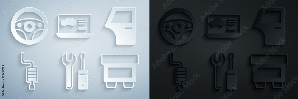 Set Screwdriver and wrench spanner, Car door, muffler, Fuse, Diagnostics condition of car and Steering wheel icon. Vector