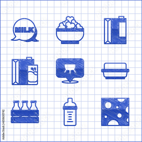 Set Udder, Baby milk in a bottle, Cheese, Butter butter dish, Bottled wooden box, Paper package for, kefir and Lettering icon. Vector