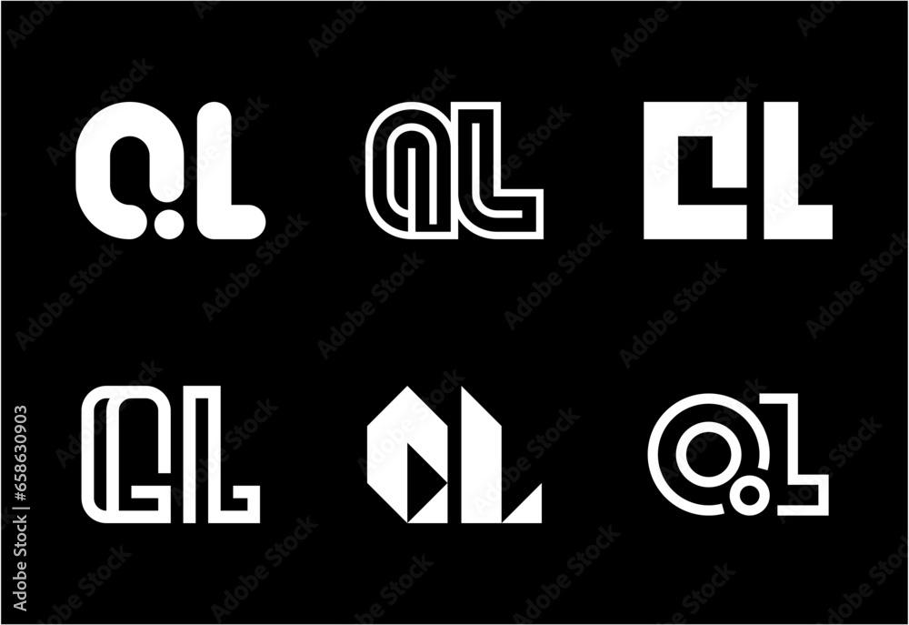 Set of letter QL logos. Abstract logos collection with letters. Geometrical abstract logos Set of letter QL logos. Abstract logos collection with letters. Geometrical abstract logos