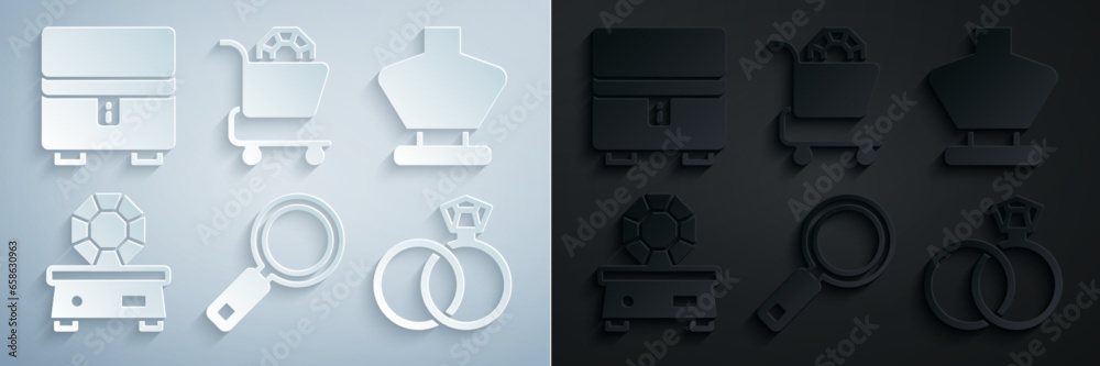 Set Magnifying glass, Necklace on mannequin, Gem stone, Wedding rings, Jewelry online shopping and box icon. Vector Set Magnifying glass, Necklace on mannequin, Gem stone, Wedding rings, Jewelry online shopping and box icon. Vector