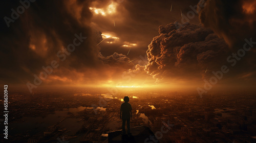 
In a scene of doomsday, a lone man stands amidst a shattered world. The sky is dark and foreboding, the ground scarred and trembling. Charred buildings and distant sirens echo despair. In his hand, a