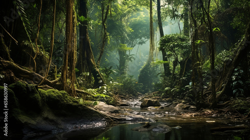 A jungle, tropical forest filled with towering trees, thick undergrowth, It's a humid, wild environment.
