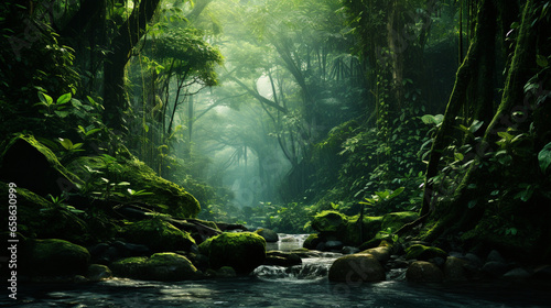 A lush rainforest  vibrant green place filled with towering trees forming a thick canopy.  Rushing rivers  and a rich tapestry of plants create a bustling ecosystem.