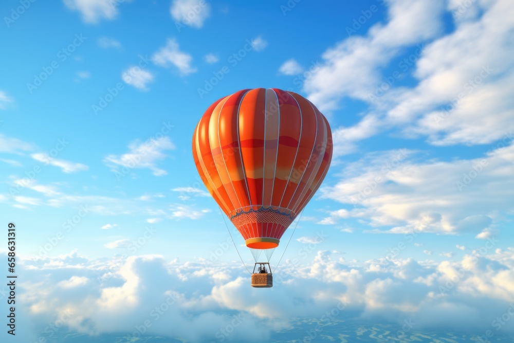 Naklejka premium A vibrant red hot air balloon gracefully floats through a clear blue sky. This image captures the beauty and freedom of flight. Perfect for travel brochures or adventure-themed designs.