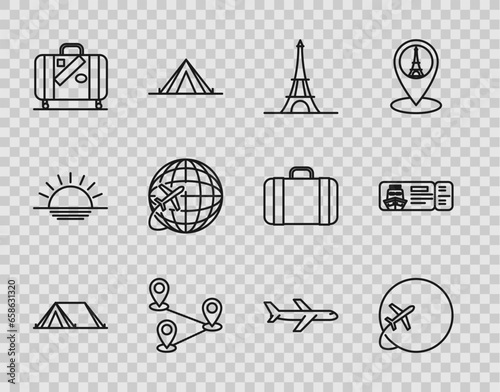 Set line Tourist tent, Globe with flying plane, Eiffel tower, Route location, Suitcase for travel and stickers, Plane and Cruise ticket traveling by ship icon. Vector