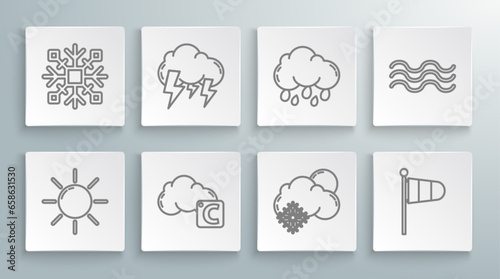 Set line Sun, Storm, Celsius and cloud, Cloud with snow sun, Cone meteorology windsock wind vane, rain, Waves and Snowflake icon. Vector