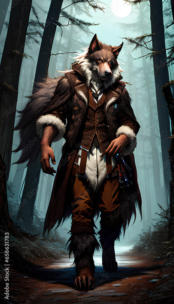 a werewolf with brown and white fur walking through the forest, Ai generated art