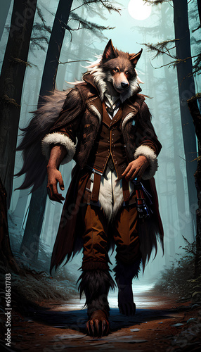 a werewolf with brown and white fur walking through the forest, Ai generated art