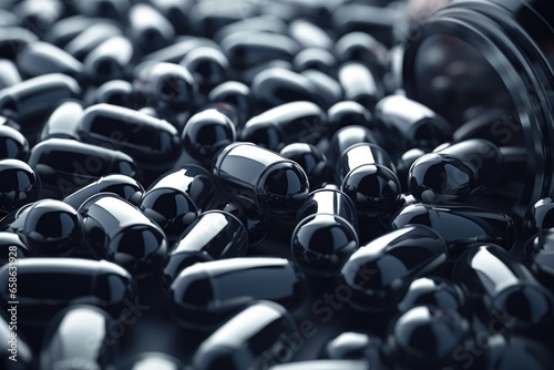 A collection of black pills neatly arranged on a table. This image can be used to depict medication, healthcare, addiction, or pharmaceutical concepts.