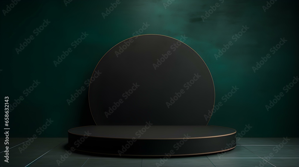 Round Stone Podium in front of a dark green Studio Background. Black Pedestal for Product Presentation