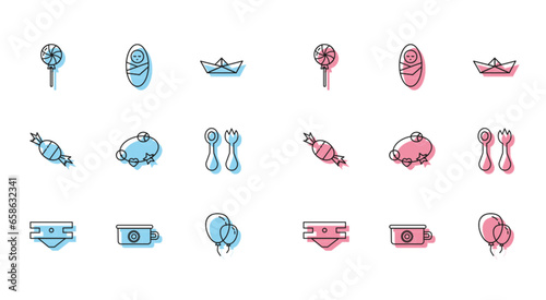Set line Baby absorbent diaper, potty, Lollipop, Balloons with ribbon, Rattle baby toy, cutlery fork and spoon, Candy and Newborn infant swaddled icon. Vector