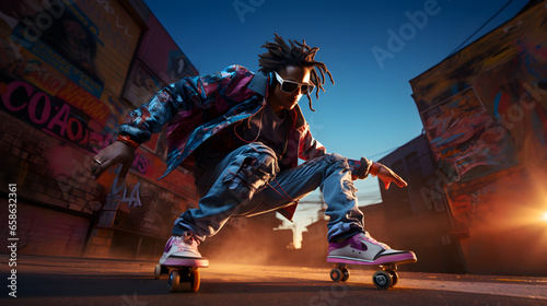 Rolling back in time. Black guy roller skating with cool 80s style in graffiti urban setting at sunset