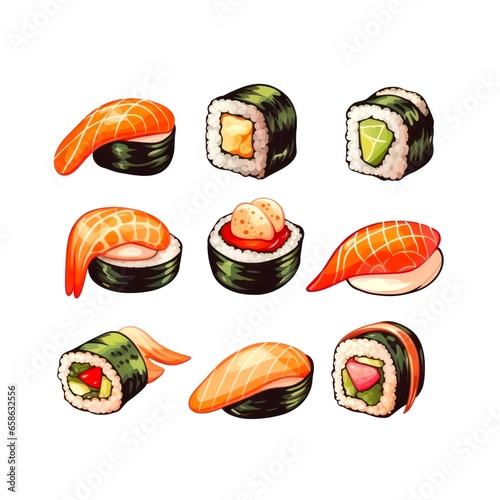 Cartoon set of sushi on white background.