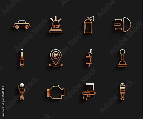 Set line Engine piston, Check engine, Car, Paint spray gun, Shock absorber, Location with parking, Gear shifter and muffler icon. Vector