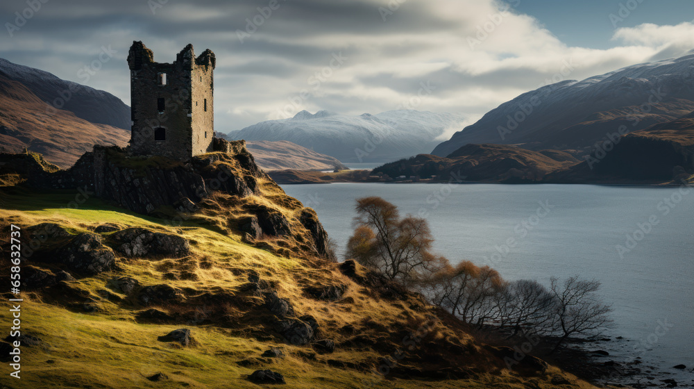 Fototapeta premium Château médiéval en Écosse au bord d'un lac dans les Highland sous un ciel orageux