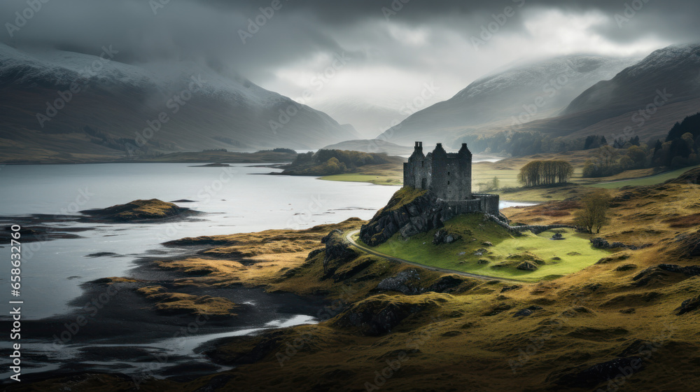 Château médiéval en Écosse au bord d'un lac dans les Highland sous un ciel orageux Château médiéval en Écosse au bord d'un lac dans les Highland sous un ciel orageux