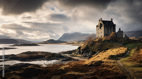 Château médiéval en Écosse au bord d'un lac dans les Highland sous un ciel orageux