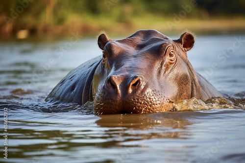 Hippopotamus in river. Game drive at national park, Uganda. Generative AI