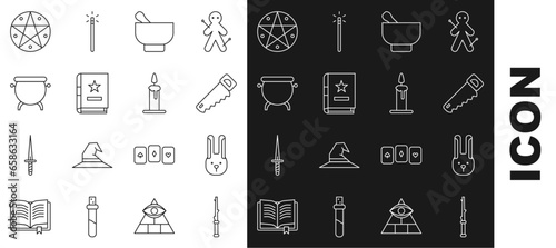 Set line Magic wand, Rabbit with ears, Hand saw, mortar pestle, Ancient magic book, Witch cauldron, Pentagram in circle and Burning candle candlestick icon. Vector