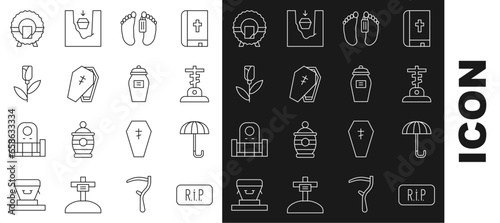 Set line Speech bubble rip death, Umbrella, Grave with cross, Dead body, Coffin, Flower rose, Memorial wreath and Funeral urn icon. Vector