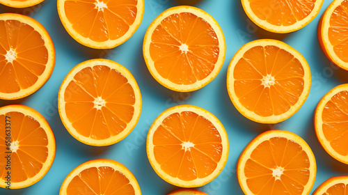 Flat lay fresh slices Orange fruit pattern on blue background, close up, top view photo