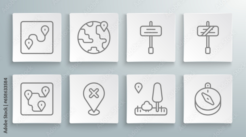 Set line Route location, Location the globe, with cross mark, City map navigation, Compass, Road traffic sign, and icon. Vector Set line Route location, Location the globe, with cross mark, City map navigation, Compass, Road traffic sign, and icon. Vector